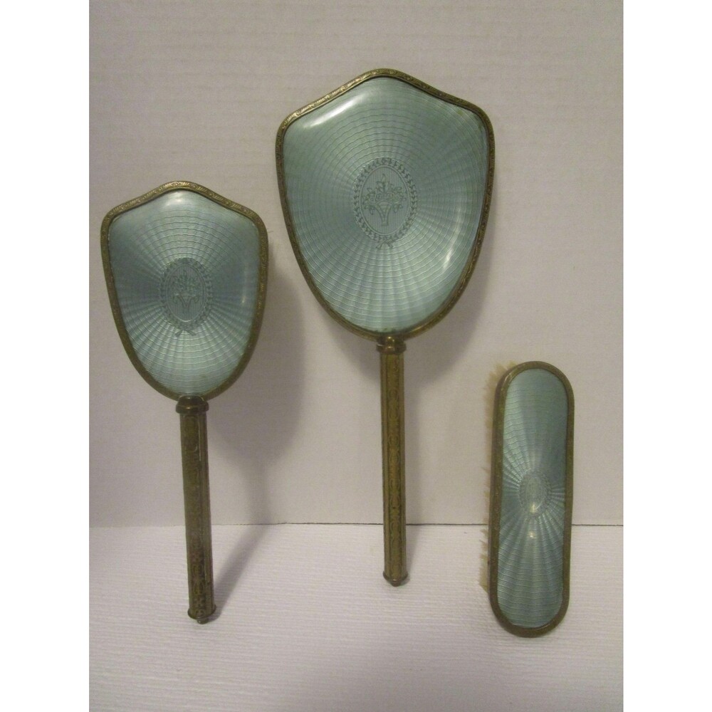 Antique Guilloche Enamel 3 Piece Vanity Set Mirror & 2 Brushes Bronze Handles